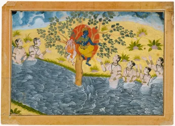 Die Gopis bitten Krishna, ihre Kleidung zurückzugeben. Folio aus einer Bhagavata Purana (Alte Geschichten von Lord Vishnu) Serie.
